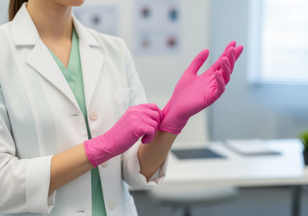 A healthcare worker in a white lab coat and green scrubs is meticulously putting on vibrant pink disposable medical gloves, emphasizing hygiene and safety procedures.の素材