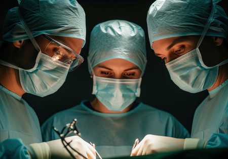 A focused team of three surgeons in scrubs, masks, and caps performs a delicate medical procedure with instruments, emphasizing their intense concentration.の素材