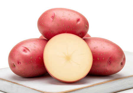 A close up view of fresh red potatoes, with some whole and one cut in half, revealing its creamy yellow interior. ideal for food blogs or recipe illustrations.の素材