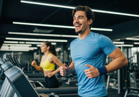 A cheerful man runs on a treadmill in a modern gym, demonstrating a healthy and active lifestyle. this image is ideal for promoting fitness and well being.の素材