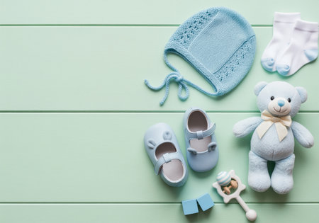 Charming flat lay of blue baby boy accessories including a knitted bonnet, soft shoes, socks, a teddy bear, rattle, and blocks. perfect for baby shower announcements or newborn themes.の素材