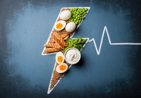 Healthy protein foods like eggs, chicken, edamame, and lentils are arranged in a lightning bolt shape, symbolizing energy and a healthy lifestyle. a heartbeat line is drawn, representing vitality.の素材