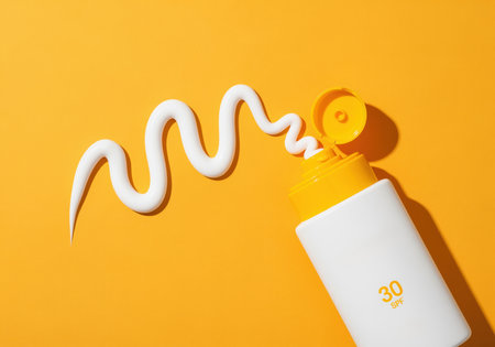 A white sunscreen bottle with a bright yellow cap and SPF 30, dispensing a wavy line of white lotion. perfect for summer skincare and sun protection.の素材
