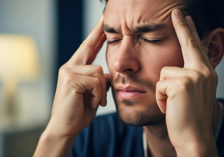 A close up of a young man with his eyes closed, pressing his hands against his temples, indicating intense pain, stress, or a severe headache. this image could be used to illustrate health issues, mental strain, or discomfort.の素材