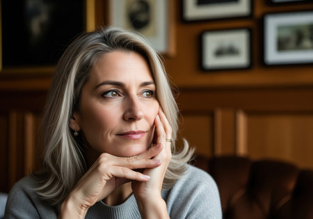 A candid medium close up portrait of a pensive middle aged caucasian woman with ash blonde hair, hands clasped, looking thoughtfully to the side. this image conveys contemplation and quiet reflection, suitable for themes of introspection or wisdom.の素材