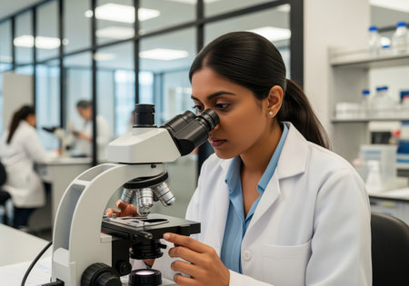 A focused young indian woman scientist in a lab coat intently examines a sample through a microscope, conducting scientific research. this image is suitable for themes of science, medicine, and discovery.の素材