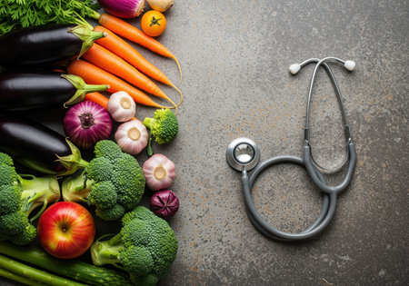 A vibrant array of fresh, organic vegetables and fruits are arranged alongside a medical stethoscope. this flat lay represents the connection between healthy eating and overall well being.の素材