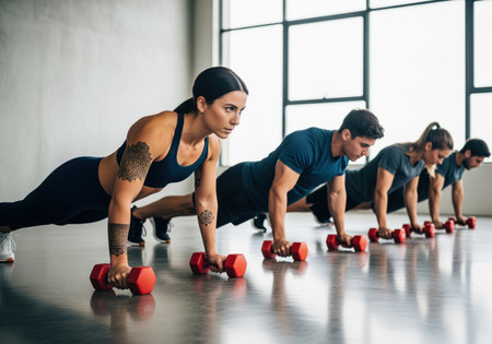 Group of diverse athletes maintaining a plank position using red dumbbells during a challenging workout session in a bright, contemporary gym. this image conveys strength and teamwork.の素材