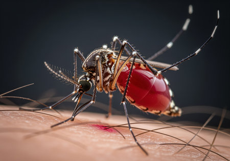 A detailed macro shot captures a mosquito with a blood filled abdomen actively feeding on human skin, highlighting the insect intricate features and the act of biting.の素材