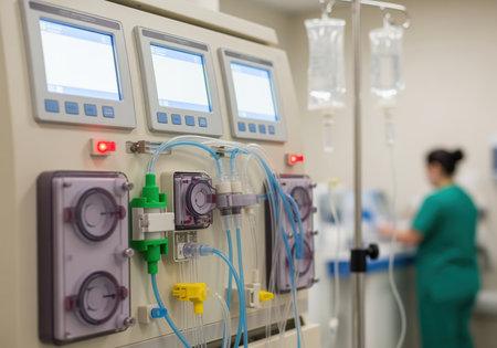 A close up view of an advanced hemodialysis machine, featuring multiple screens, intricate fluid lines, and functional modules for medical treatment.の素材