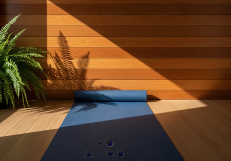 A dark blue yoga mat is unrolled on a warm wooden floor, bathed in natural sunlight with shadows from a nearby fern. ideal for themes of wellness, exercise, and peaceful home workouts.の素材