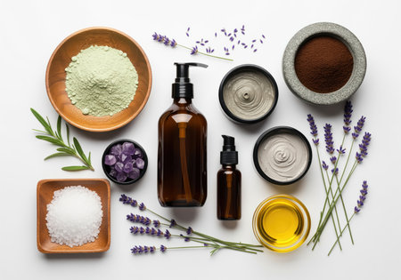 A flat lay arrangement of natural skincare ingredients including clay, salt, essential oil, and lavender, alongside amber bottles and cream jars, perfect for wellness and beauty themes.の素材