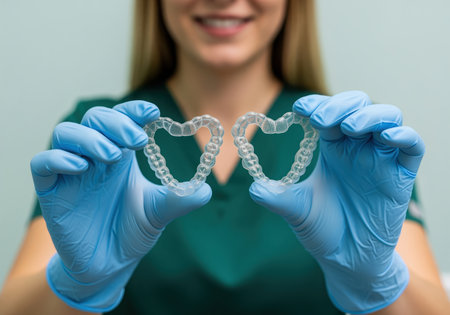 Close up of gloved hands presenting heart shaped clear dental aligners. it symbolizes modern orthodontic solutions and a commitment to a healthy, beautiful smile.の素材