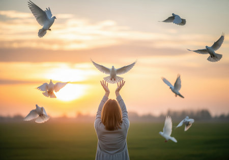 A woman stands with arms raised, releasing a flock of white doves into the colorful sunset sky. this evocative image symbolizes peace, freedom, and hope.の素材
