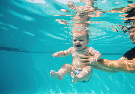 An adorable baby with a big smile is happily submerged underwater in a clear blue swimming pool, safely held by an adult. this image captures a moment of pure joy and aquatic fun.の素材