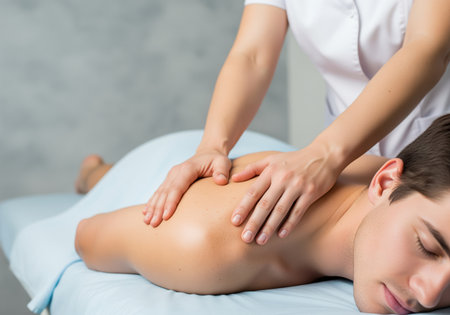 A young man lies face down on a massage table, receiving a professional back and shoulder massage. his eyes are closed, indicating deep relaxation and comfort during the therapeutic session.の素材