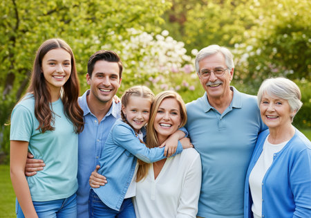 A cheerful multi generational family, including grandparents, parents, and children, smiles happily while posing together outdoors in a lush green setting. this image conveys warmth, connection, and family bonds.の素材