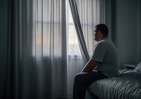 A heavy set man sits on the edge of a bed, looking out a window with curtains drawn. he appears to be deep in thought, perhaps feeling lonely or contemplative, reflecting on life indoors.の素材