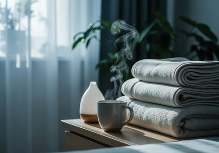 A tranquil home setting showcasing soft blankets, a steaming drink, and an essential oil diffuser, perfect for relaxation and wellness themes.の素材