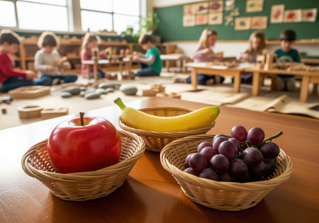 A close up view of fresh fruit, including a red apple, a yellow banana, and purple grapes, neatly arranged in small wicker baskets on a wooden table.の素材