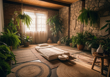 A serene and inviting wellness space designed for relaxation, featuring a futon style massage bed, abundant green plants, and natural light. perfect for spa, yoga, or meditation concepts.の素材