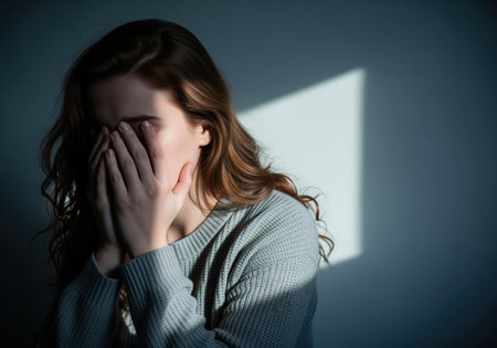 A young woman with long brown hair covers her face with her hands, conveying profound sadness, grief, and emotional distress. ideal for themes of mental health, loss, or personal struggle.の素材