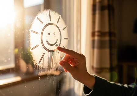 A close up view of a hand drawing a cheerful sun with a smiling face on a window covered in condensation, illuminated by warm morning sunlight. it evokes feelings of hope and happiness.の素材