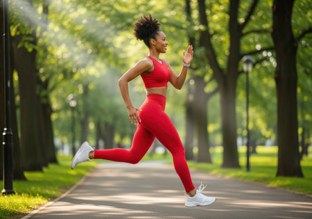 A fit young black woman in a red sports bra and leggings runs with determination through a sunny park. this image conveys health, fitness, and an active lifestyle.の素材