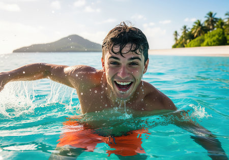 A joyful young man with wet hair laughs while swimming energetically in vibrant, clear blue tropical ocean water, creating splashes. ideal for summer, travel, and vacation themes.の素材
