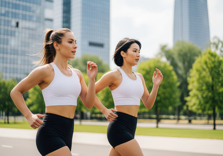 Two fit women, one with a ponytail and one with a bob, are captured mid stride while running outdoors. they wear athletic tops and shorts, embodying an active and healthy lifestyle in an urban setting.の素材