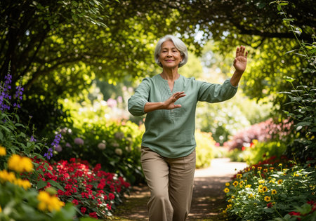 A graceful senior woman practices gentle tai chi movements in a lush botanical garden. her serene expression reflects the peace and mindfulness of this ancient exercise, promoting health and wellbeing.の素材