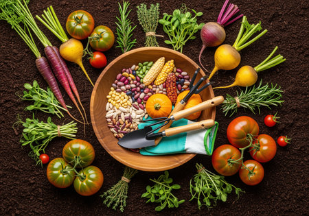 Overhead view of colorful organic produce, various seeds in a wooden bowl, and garden implements, symbolizing sustainable farming and healthy eating.の素材