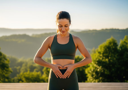 A healthy young woman in athletic wear stands outdoors at sunrise, forming a heart shape with her hands over her lower abdomen, symbolizing wellness and self care. this image can be used for health, fitness, or mindfulness content.の素材