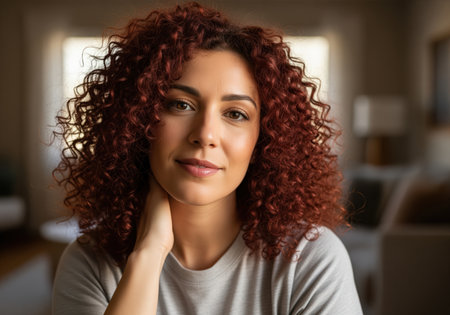 A relatable close up portrait features a woman with vibrant auburn curly hair, looking directly at the camera with a soft, confident expression. ideal for themes of beauty, diversity, and everyday life.の素材