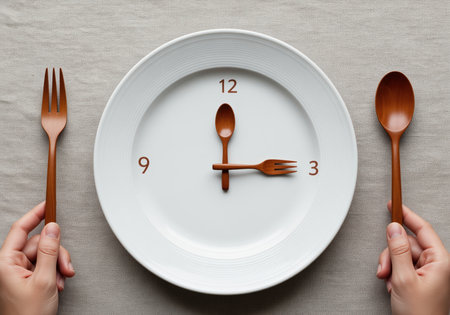 A conceptual overhead view of a white dinner plate with wooden spoon and fork arranged as clock hands, symbolizing meal timing, intermittent fasting, or portion control. hands hold additional cutlery.の素材