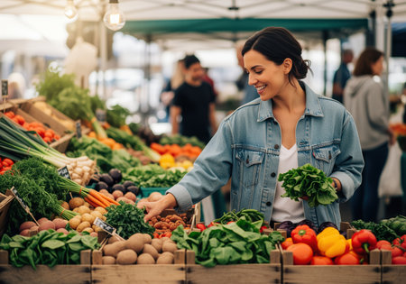 A happy woman with dark hair smiles while choosing fresh organic produce from a colorful display of vegetables at an outdoor farmer market. this image conveys healthy eating and local shopping.の素材