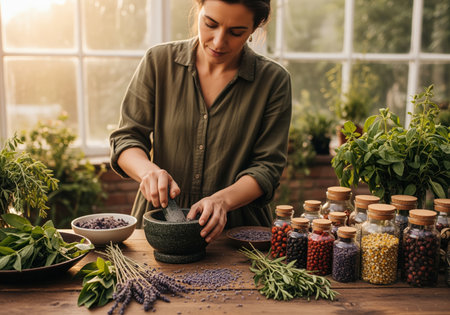 A focused woman grinds dried lavender in a mortar and pestle, surrounded by fresh herbs and jars of ingredients. this scene evokes natural wellness and traditional herbal medicine preparation.の素材