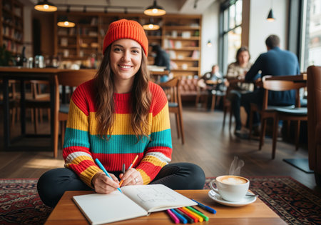 A smiling young woman in a vibrant orange beanie and colorful striped sweater sits cross legged, drawing in a notebook. she enjoys a creative moment with colored pens and a steaming coffee cup.の素材