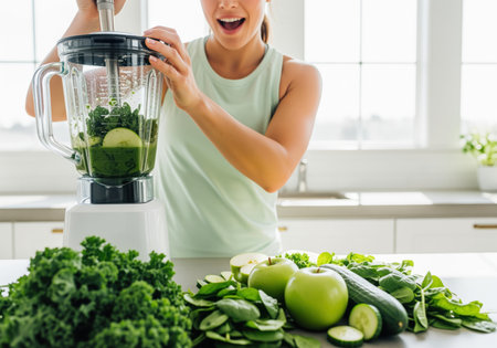 A happy woman prepares a vibrant green smoothie in a blender, surrounded by fresh kale, spinach, apples, and cucumber on a kitchen counter. this image conveys healthy eating and a wellness lifestyle.の素材