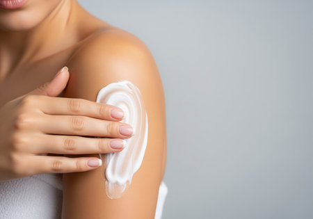 A close up shot of a woman hand gently applying a rich white body lotion to her smooth, bare shoulder. this image conveys self care, beauty, and skin hydration.の素材