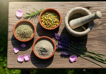 Natural skincare ingredients like dried chamomile, rosemary, clay, and fresh lavender with a mortar and pestle on wood. ideal for DIY beauty recipes and herbal remedies.の素材