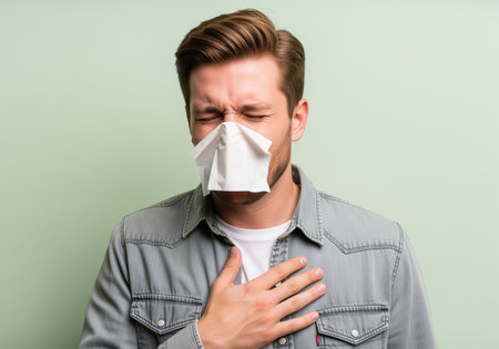A young man uses a tissue to blow his nose, eyes closed in discomfort from cold or flu symptoms. his hand rests on his chest, conveying illness or allergy.の素材