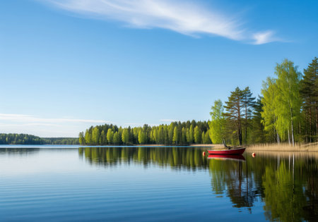 A serene summer landscape features a red boat gently floating on a calm lake, surrounded by a lush green forest with reflections on the water. ideal for nature themes.の素材