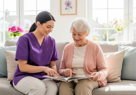 A cheerful caregiver in purple scrubs and a senior woman are sitting on a sofa, happily looking through a photo album together, sharing memories. this image depicts companionship and care for the elderly.の素材
