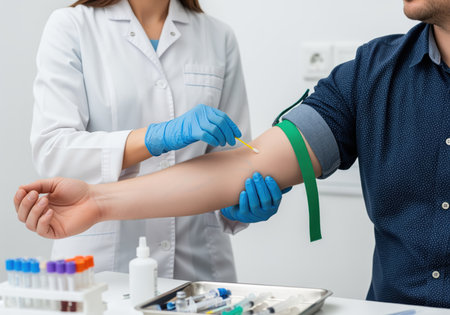 A medical professional in a white coat and blue gloves cleans a male patient arm with a swab, preparing for a blood test. a tourniquet is applied, signifying a routine blood collection procedure.の素材