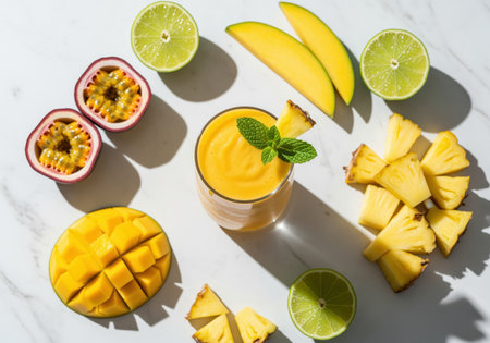 A vibrant yellow tropical smoothie in a glass, garnished with mint and pineapple, surrounded by fresh mango, pineapple chunks, passion fruit, and lime halves. perfect for health and wellness content.の素材