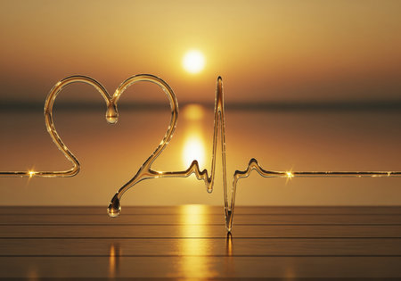 A shimmering golden fluid line elegantly transitions from a heart symbol to a rhythmic heartbeat, representing passion, health, and emotional well being. perfect for themes of love and vitality.の素材