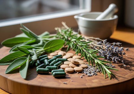 An arrangement of green capsules, brown tablets, fresh sage, rosemary, and lavender, alongside a mortar and pestle, suggesting natural health remedies and wellness.の素材