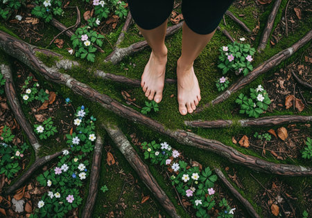 An overhead view captures bare feet gently stepping onto a lush, moss covered forest floor, intertwined with ancient tree roots and delicate wildflowers, evoking a sense of peace and connection to nature.の素材