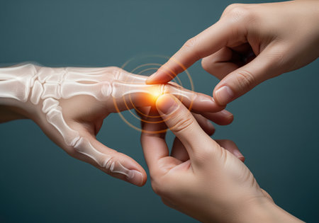 A human hand with a skeletal overlay highlights acute finger joint pain, indicated by a glowing orange spot. this image is ideal for medical and health related content.の素材